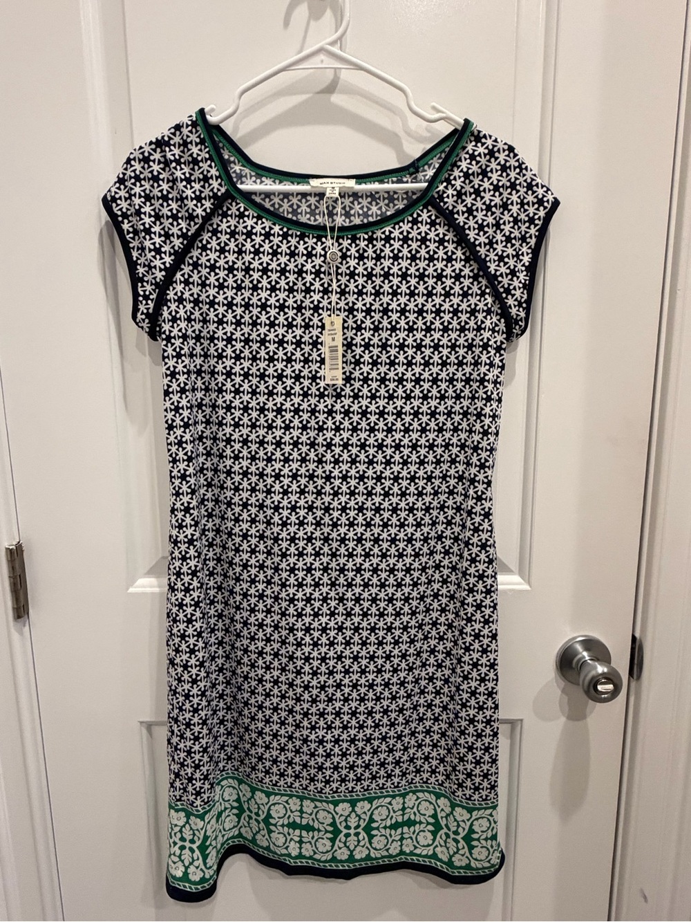 Max Studio Navy and White Geometric Print Top with Green Trim